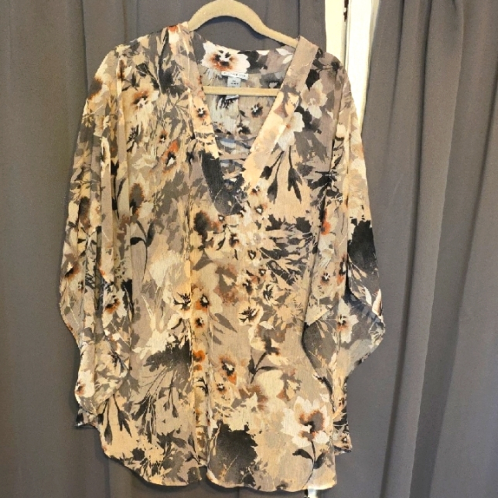 Catherines Women's Poncho Style Blouse Brown/Gray V-neck SHEER Sz 0X/14-16W READ